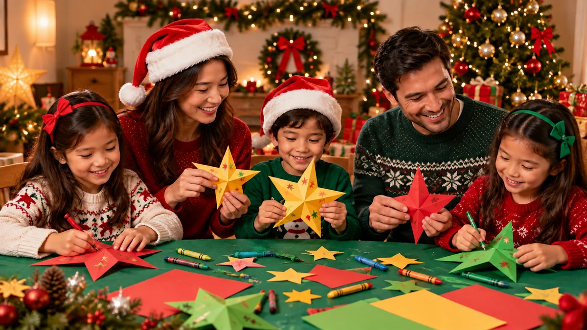 Two adults and three children making paper star decorations