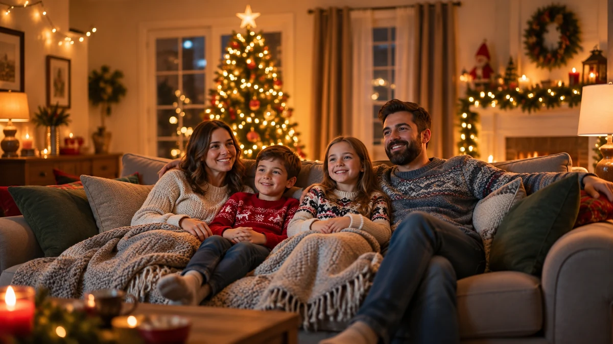Two adults and two children relaxing on a sofa beside a Christmas tree