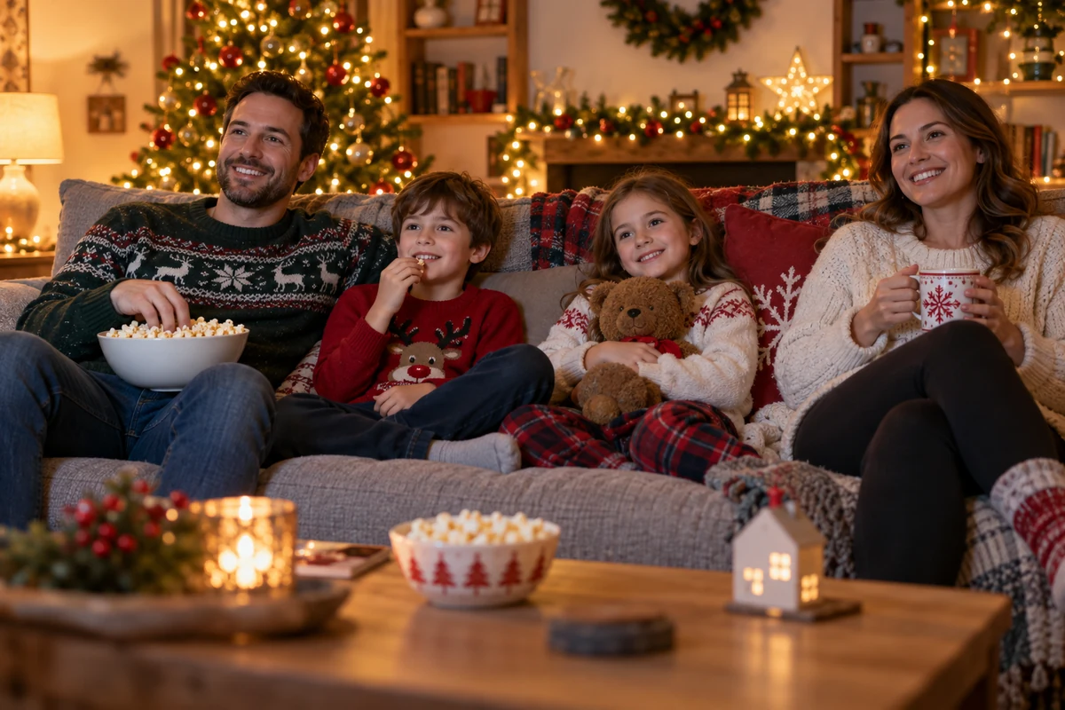 Two adults and two children watching television at Christmas
