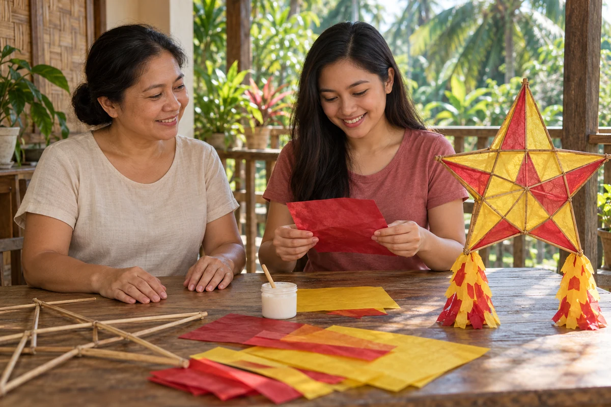 Two adults making a paper parol at a craft table