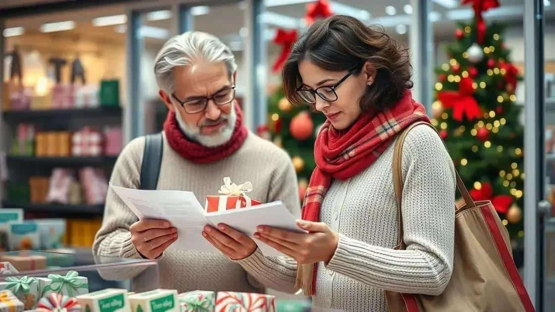 Two adults reading papers together in a decorated shop