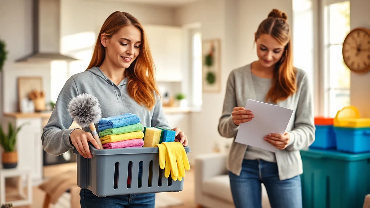 Two adults sharing a basket of cleaning cloths