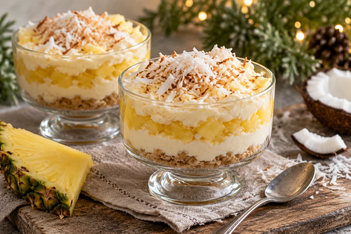 Two bowls of pineapple and coconut layered dessert Two bowls of pineapple and coconut layered dessert