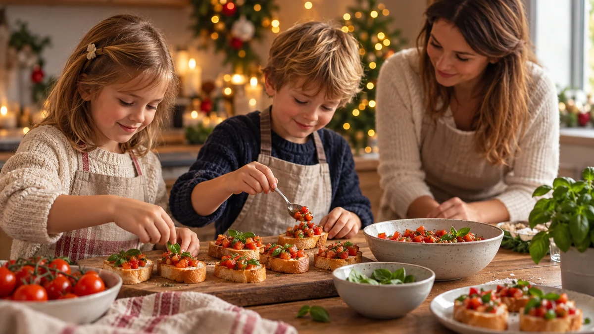 Two children assembling tomato bruschetta with adult supervision