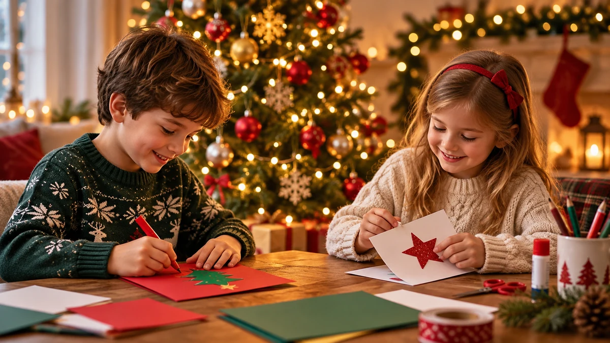 Two children making paper Christmas cards Two children making paper Christmas cards