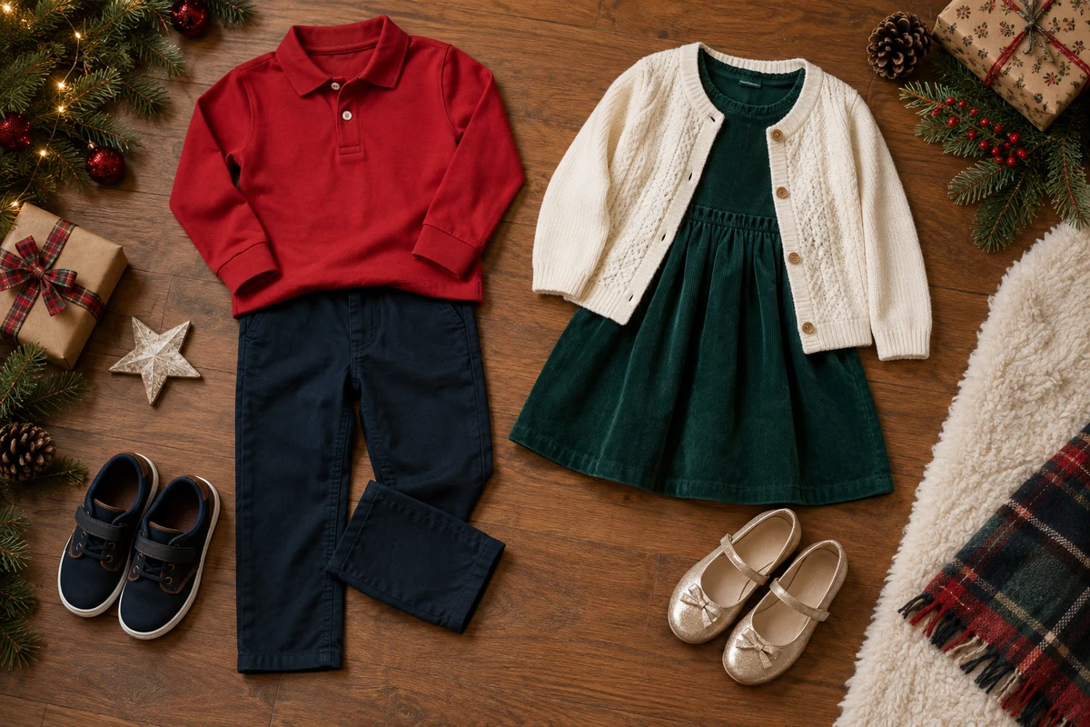 Two children’s festive outfits laid out with shoes