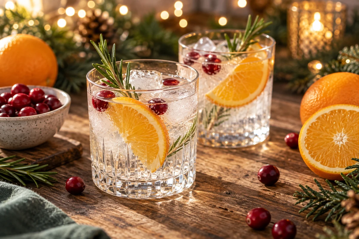 Two citrus gin cocktails with rosemary and cranberries