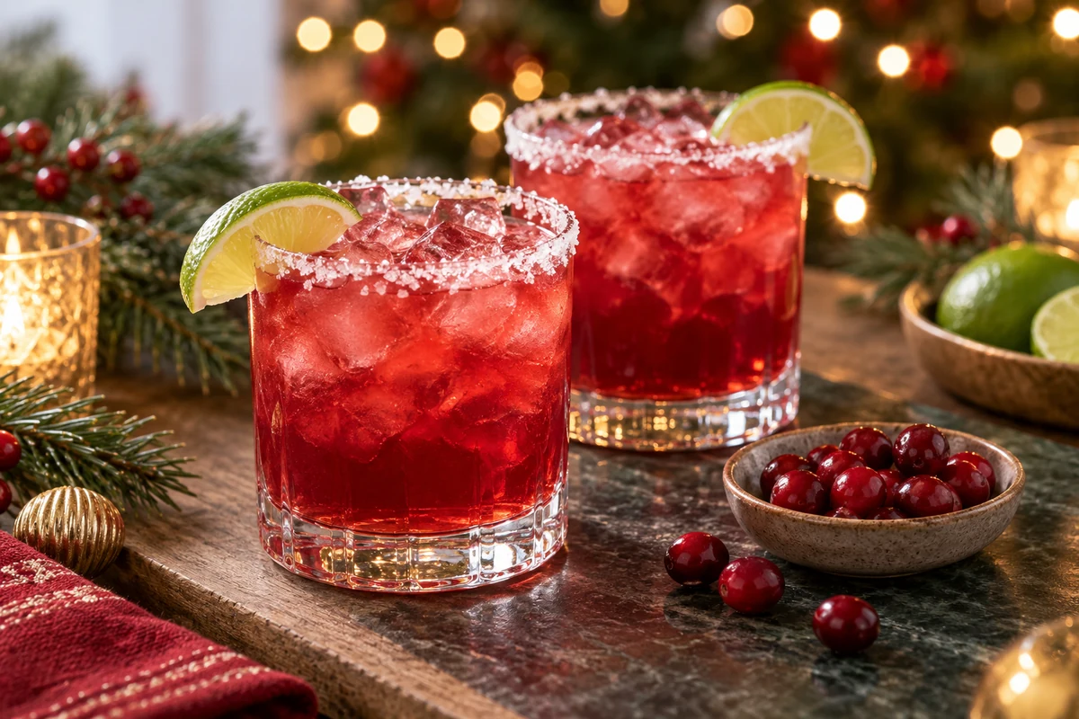 Two cranberry margaritas with salted rims and lime