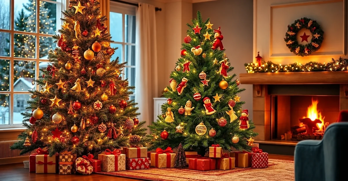 Two decorated Christmas trees with presents