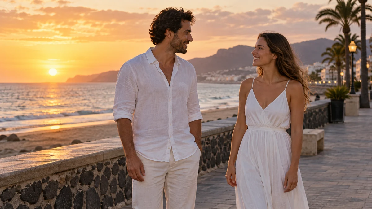 Two friends wearing white on a seaside promenade