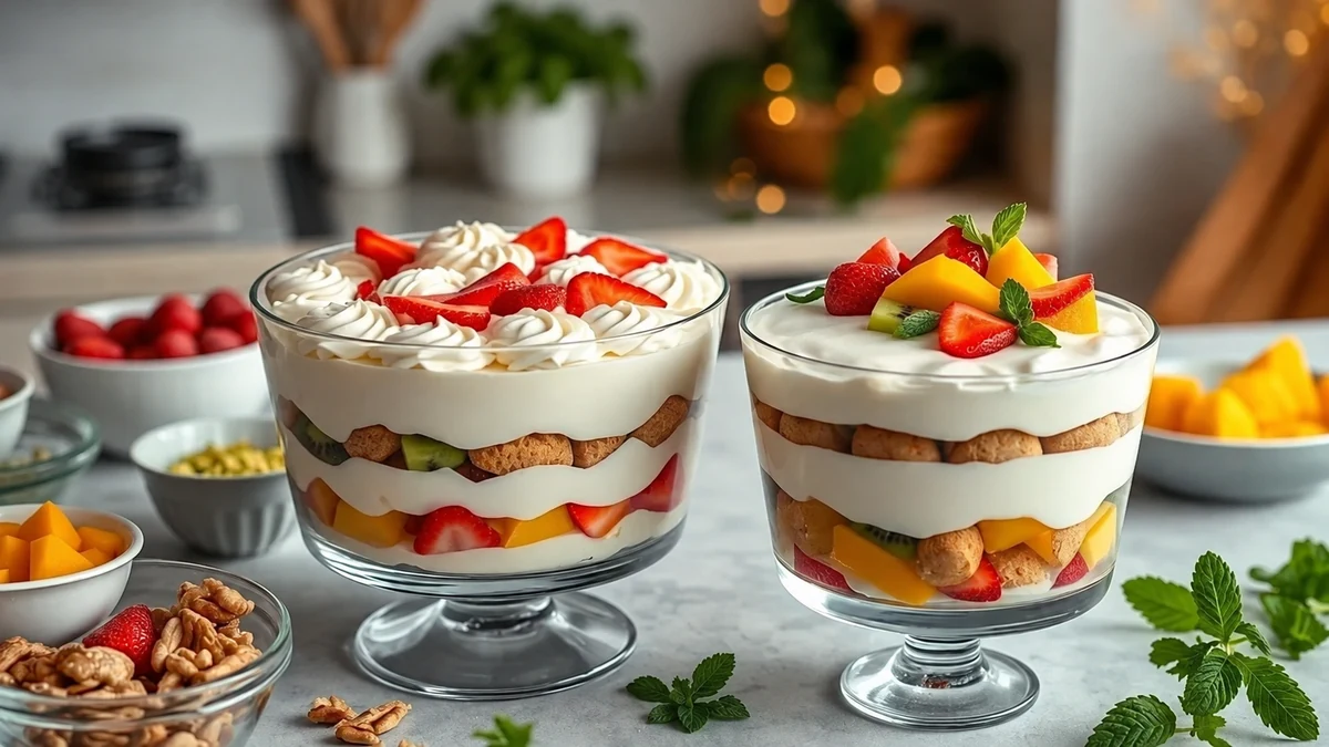 Two fruit pave bowls decorated with cream and fresh fruit