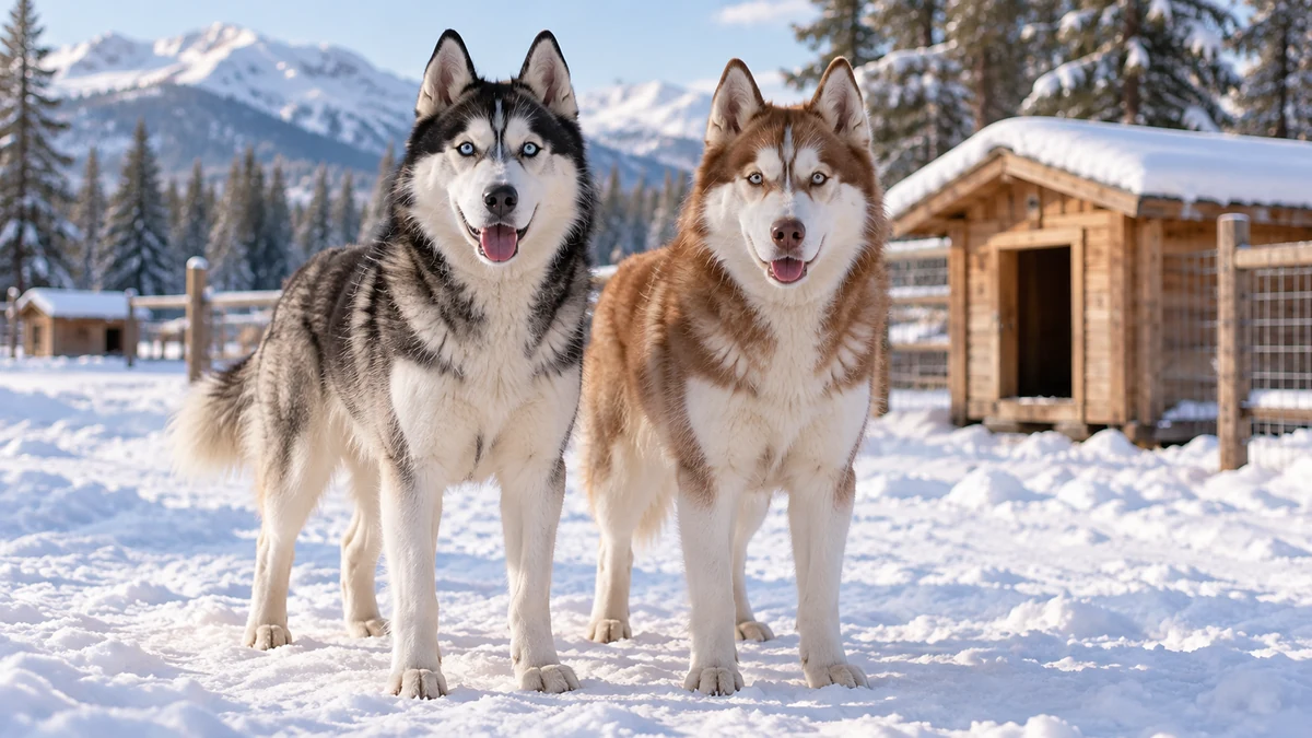 Two husky dogs standing in the snow