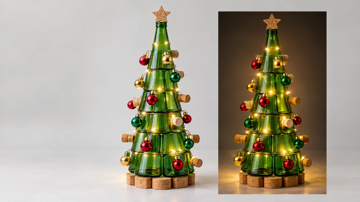 Two illuminated bottle Christmas trees