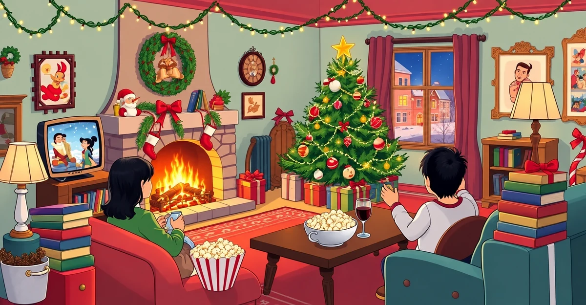 Two people watching television in a festive sitting room