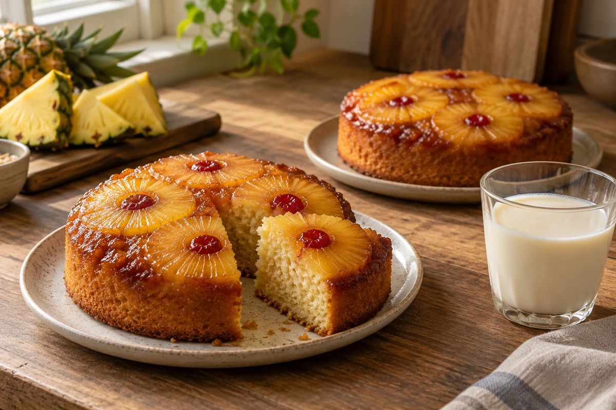 Two pineapple sponge cakes beside a glass of oat milk