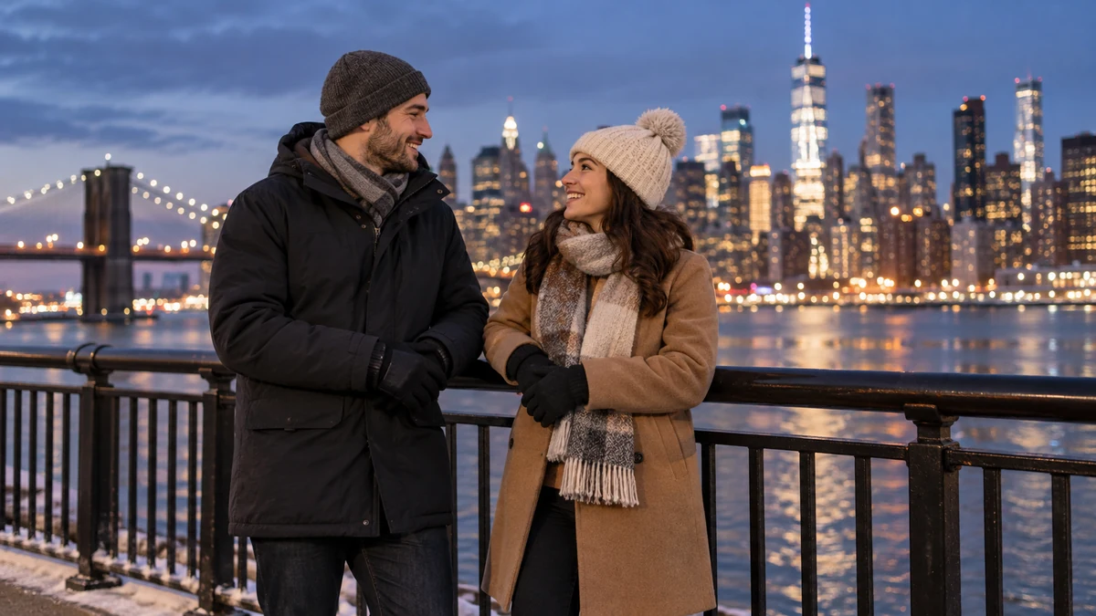 Two warmly dressed visitors by a city waterfront