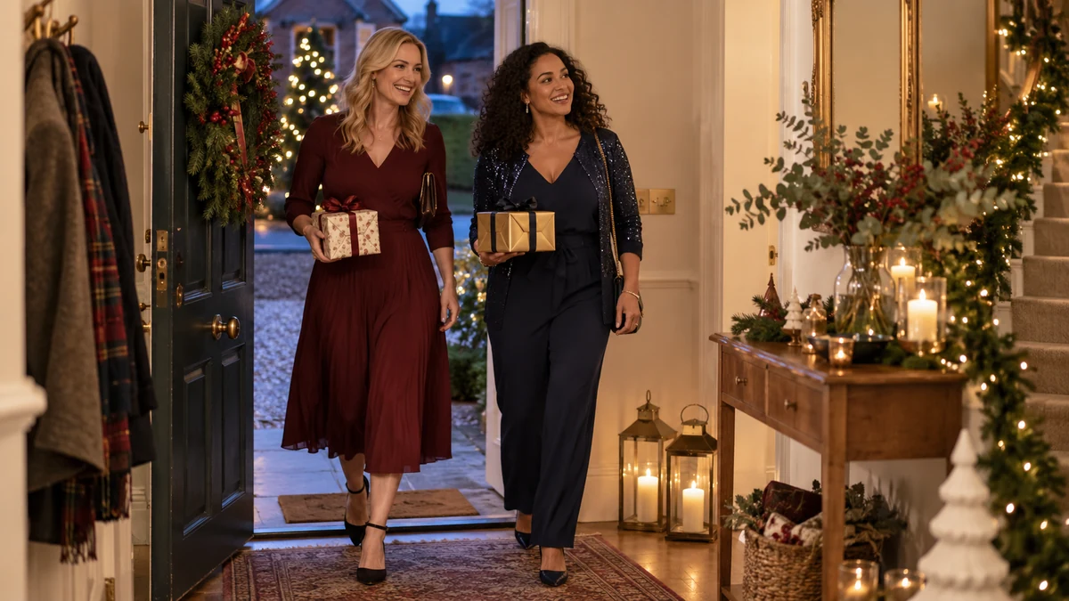 Two women arriving for Christmas dinner in festive outfits