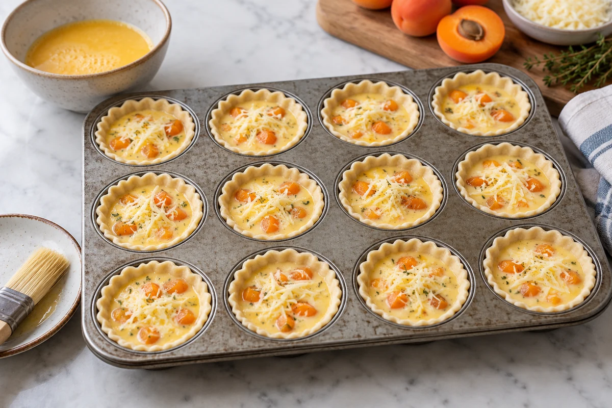 Unbaked cheese and apricot quiches ready for the oven Unbaked cheese and apricot quiches ready for the oven