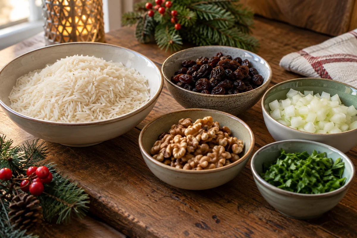 Uncooked long-grain rice, small raisins, walnut halves, onion and parsley in separate ingredient bowls