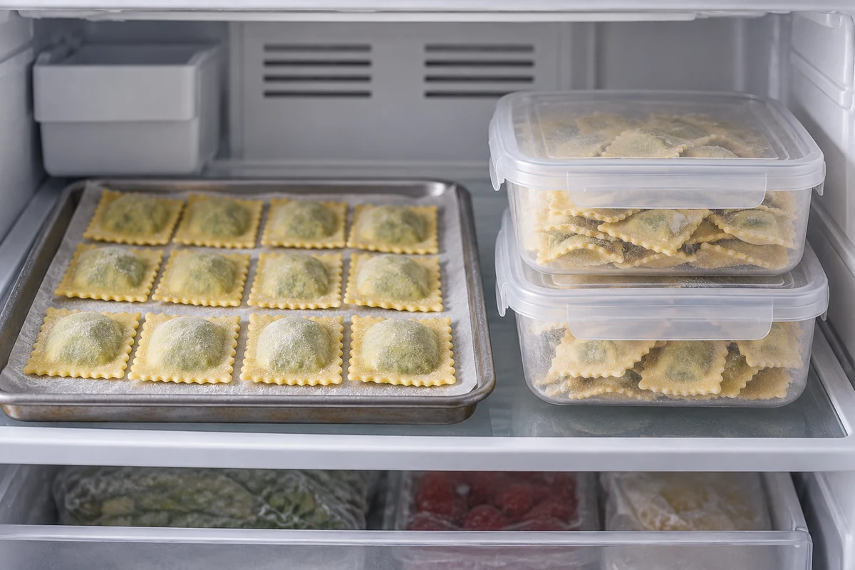 Uncooked ravioli stored in sealed freezer containers Uncooked ravioli stored in sealed freezer containers