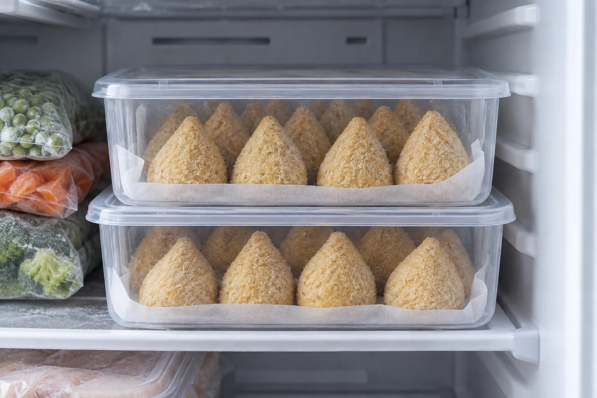 Unfried breadcrumbed chicken coxinhas in sealed freezer containers