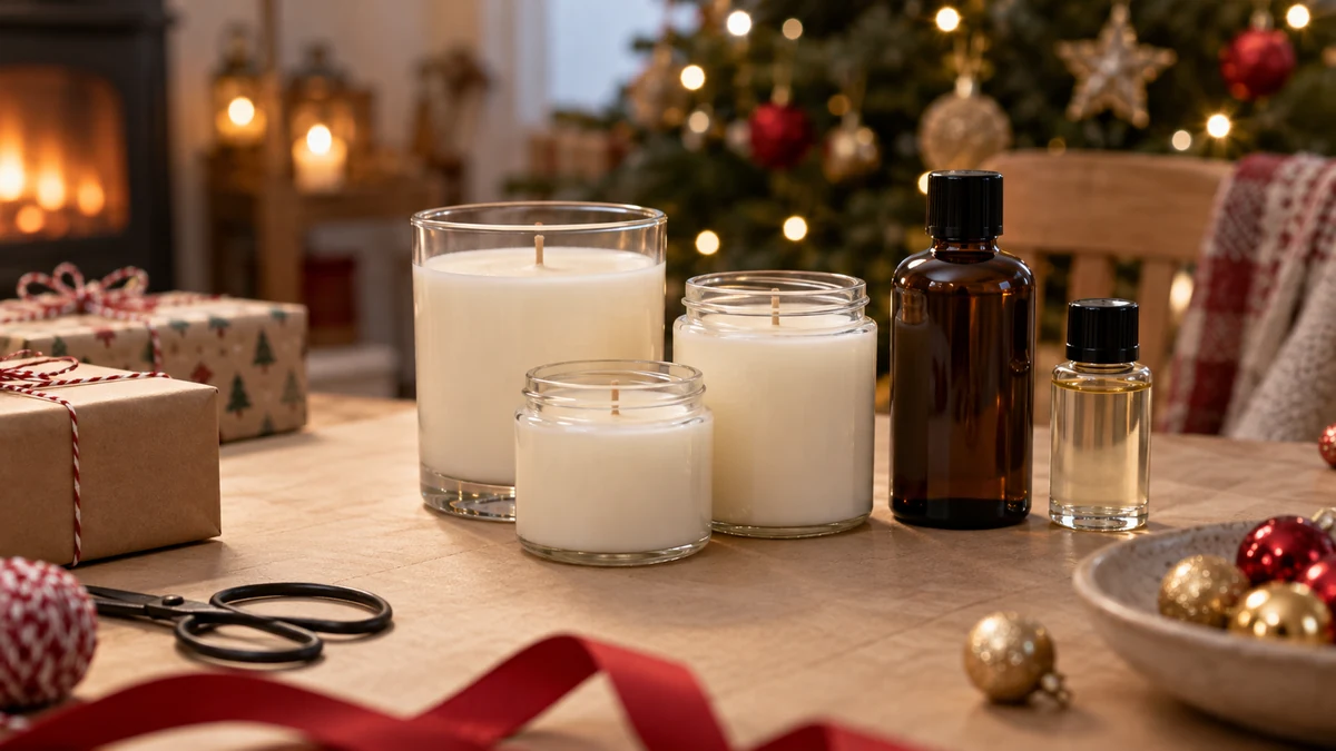 Unlit candles and closed fragrance bottles