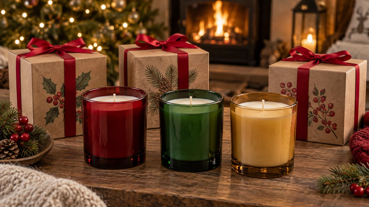Unlit coloured candle jars beside gift boxes