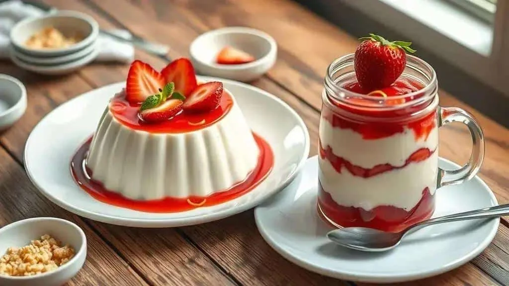 Unmoulded panna cotta and layered strawberry dessert in a glass