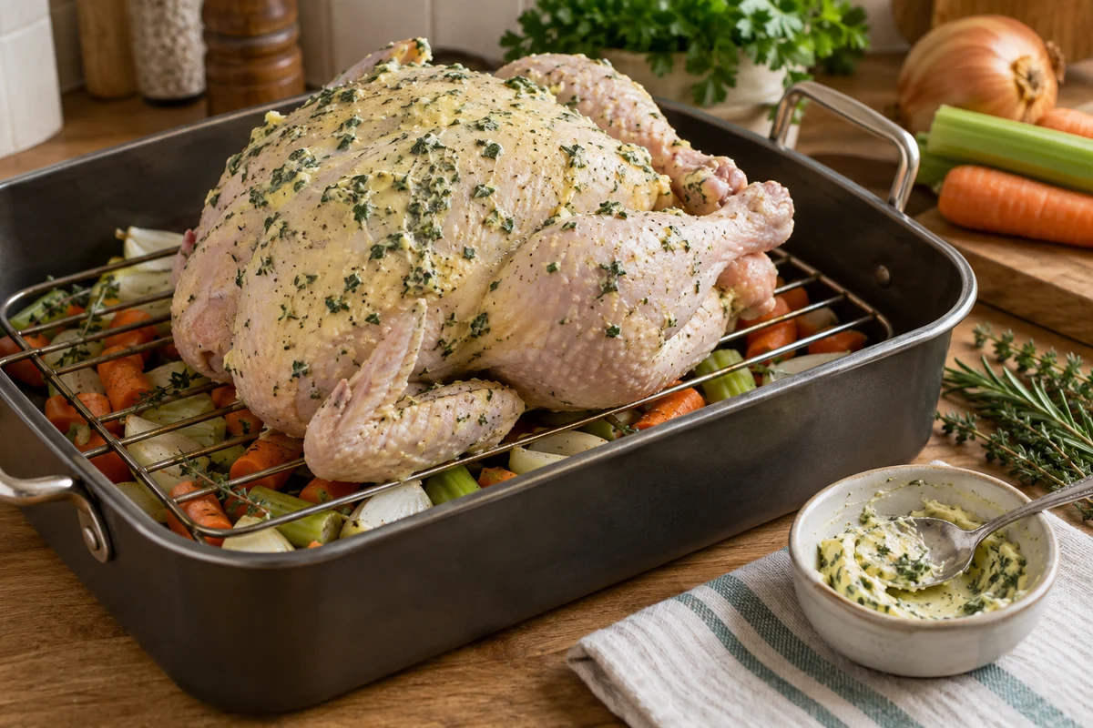 Unstuffed chicken with herb butter ready for roasting