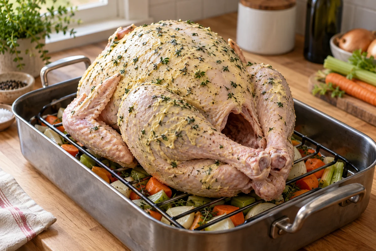 Unstuffed turkey prepared with herb butter for roasting