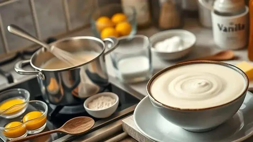 Vanilla custard with a whisk and saucepan
