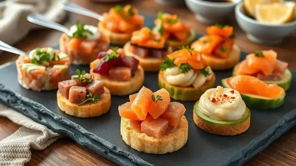 Variations of salmon and vegetable canapés Variations of salmon and vegetable canapés