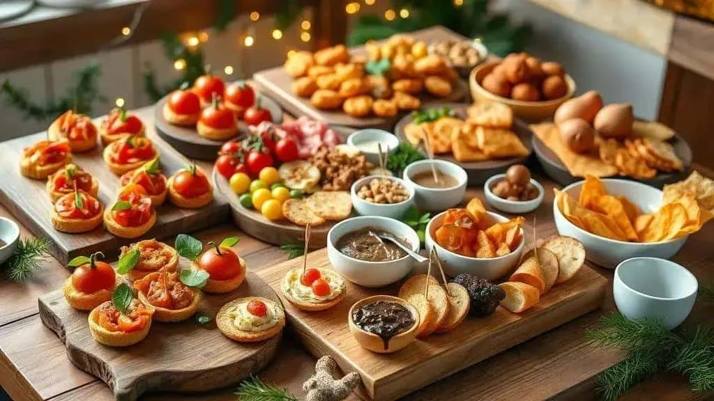 Varied Christmas party food on wooden boards