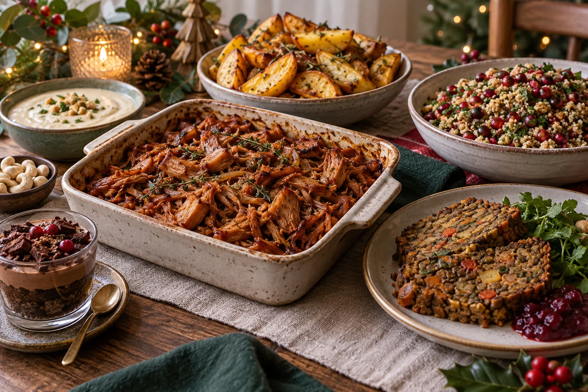 Vegan festive meal with vegetables and grains