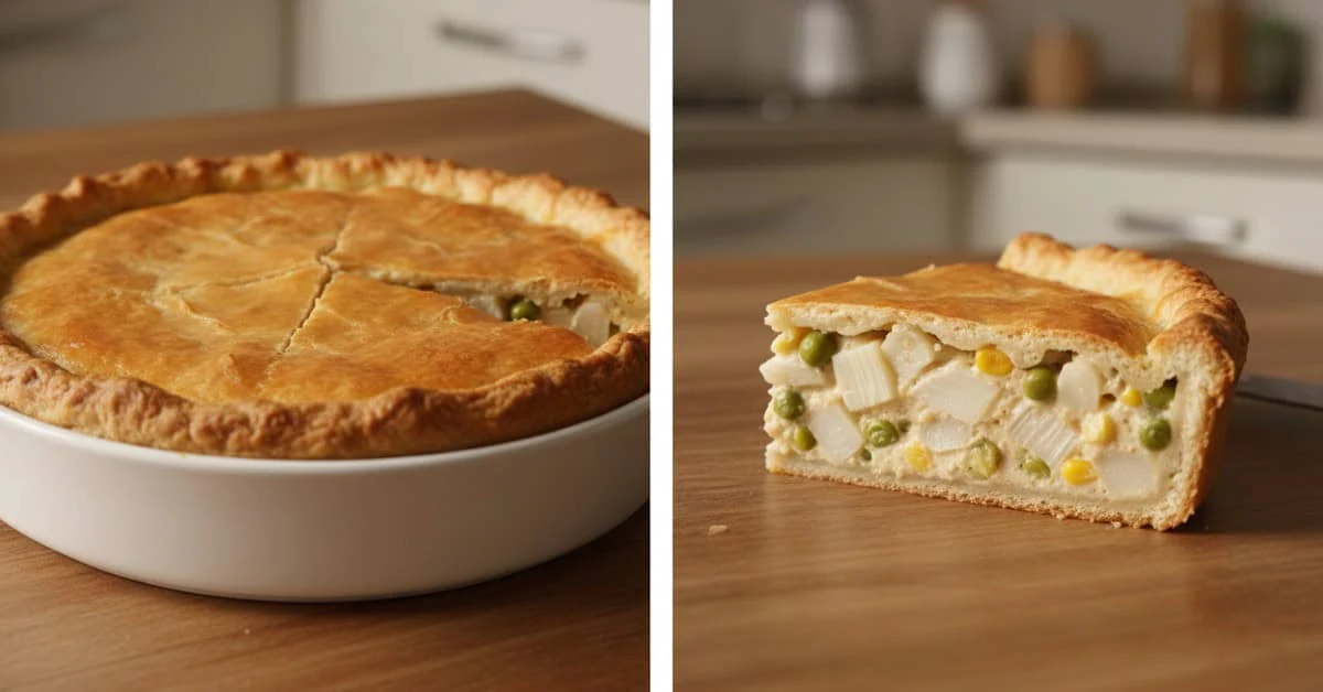 Vegan hearts of palm pie with a slice showing its filling