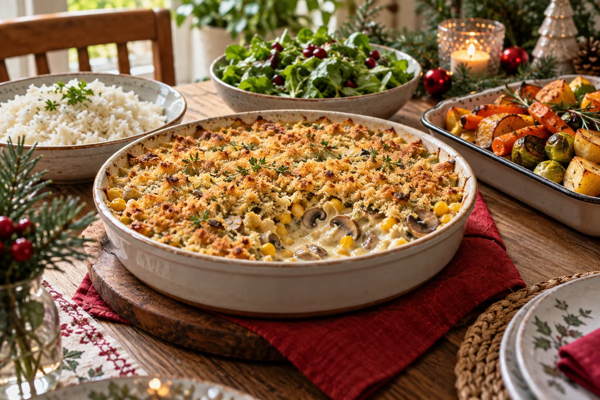 Vegan mushroom fricassee with rice and vegetables