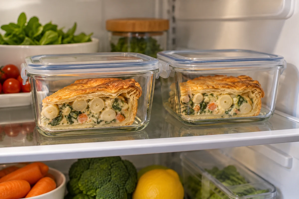 Vegan pie portions stored in covered containers Vegan pie portions stored in covered containers