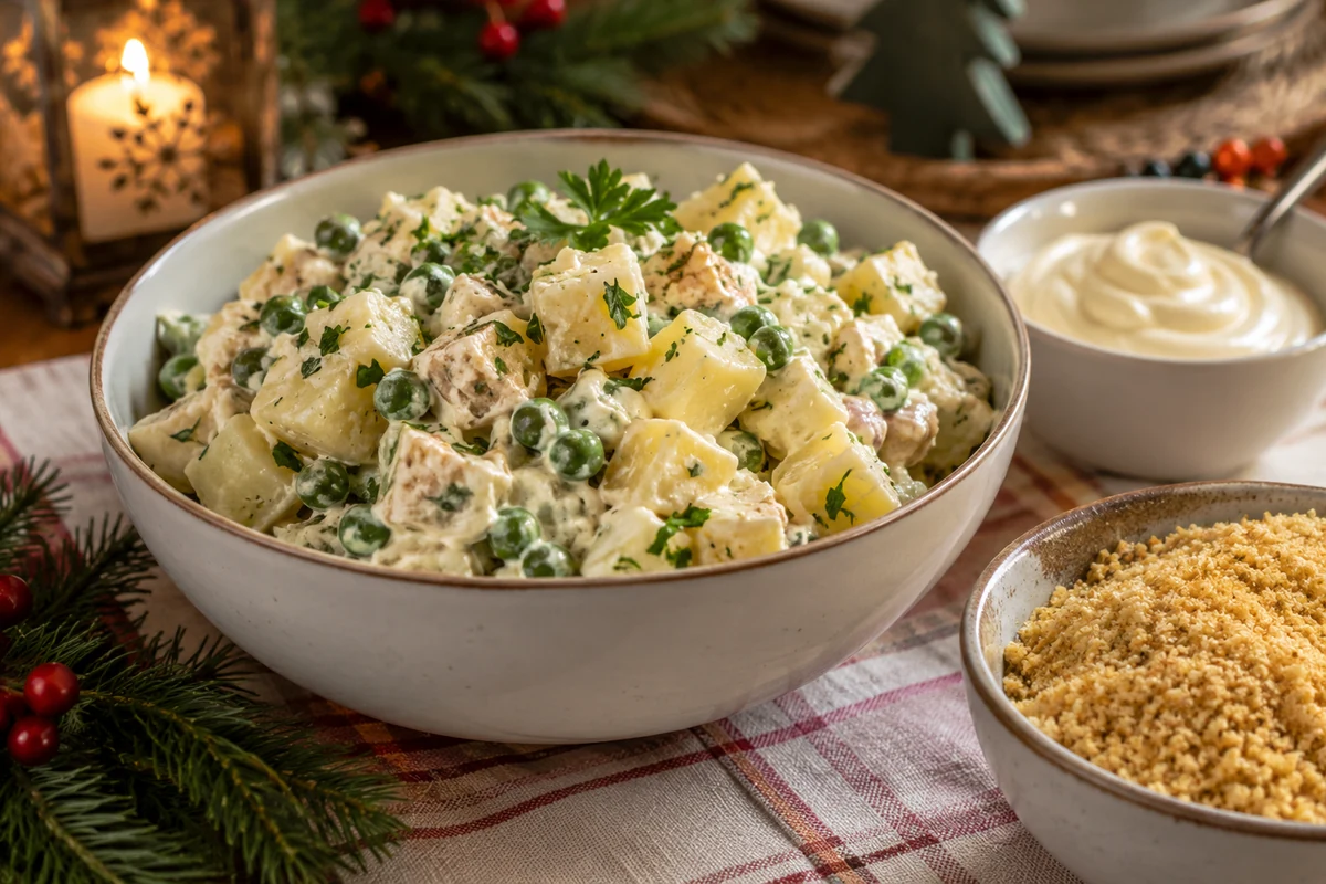 Vegan potato salad with tofu, peas and plant-based mayonnaise Vegan potato salad with tofu, peas and plant-based mayonnaise