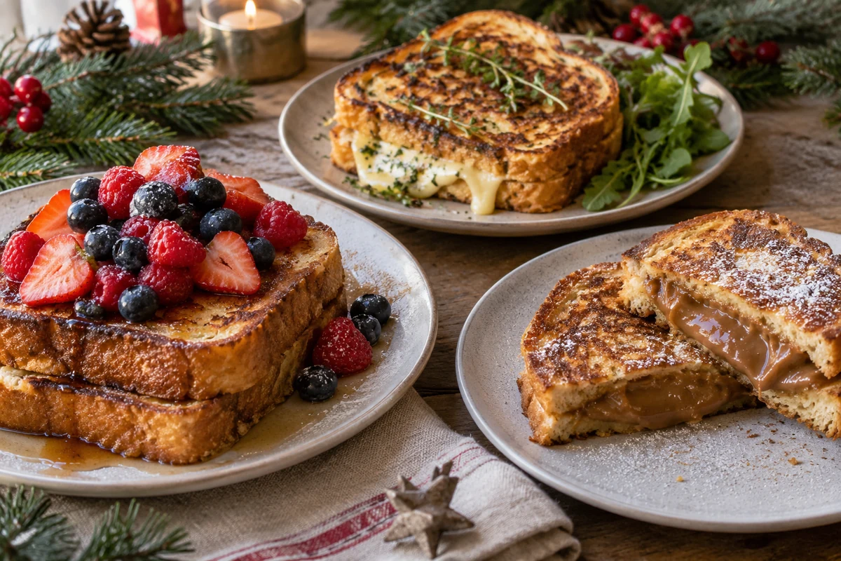 Vegan savoury and dulce de leche French toast variations