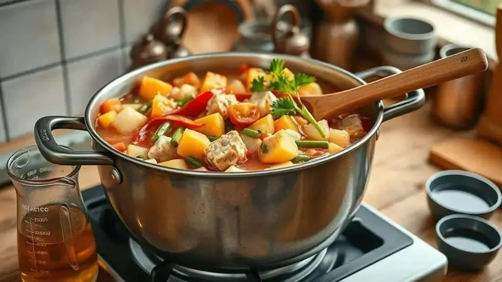 Vegetable and soya stew simmering in a saucepan