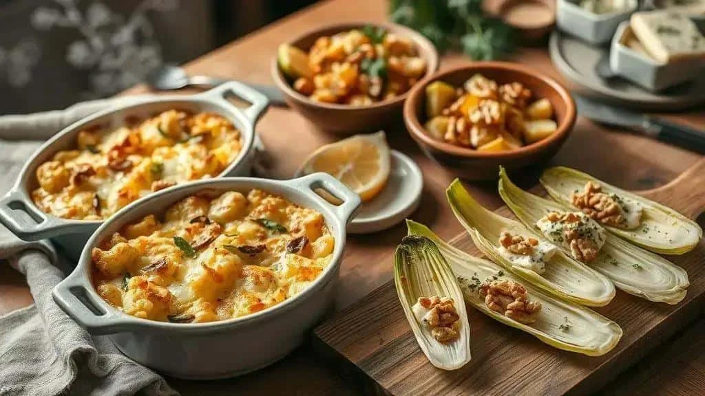 Vegetable gratins and chicory leaves topped with cheese and walnuts