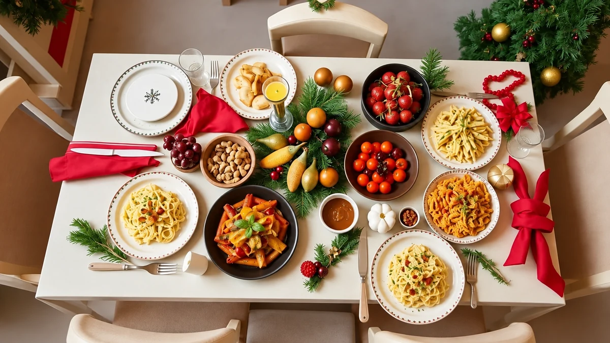 Vegetable pasta and fruit on a festive table