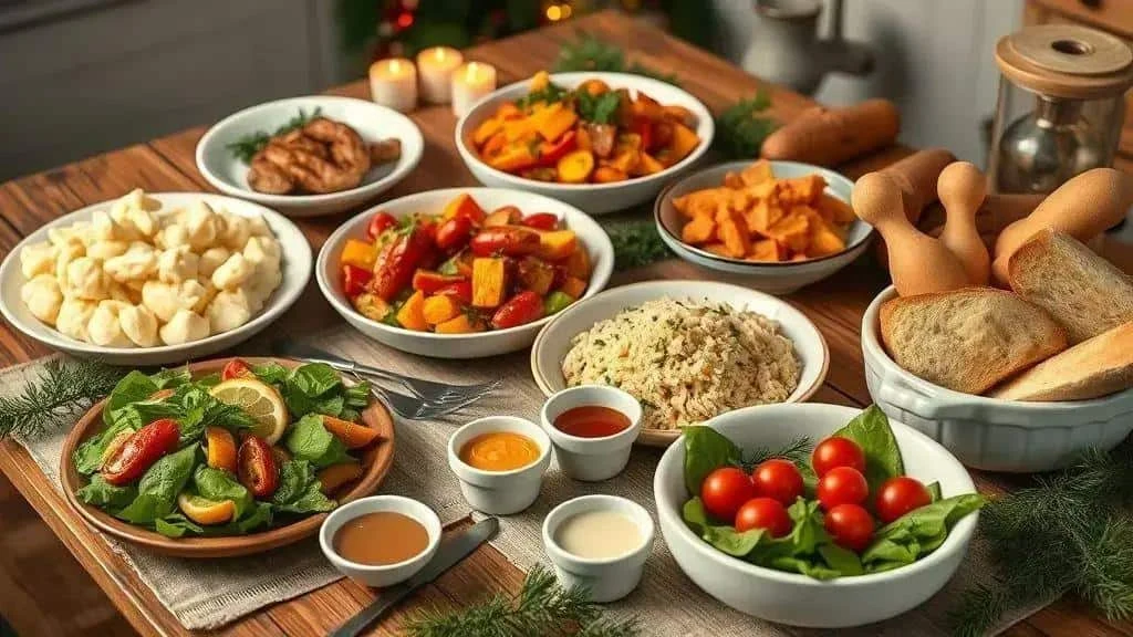 Vegetable, rice and bread side dishes for a Christmas meal