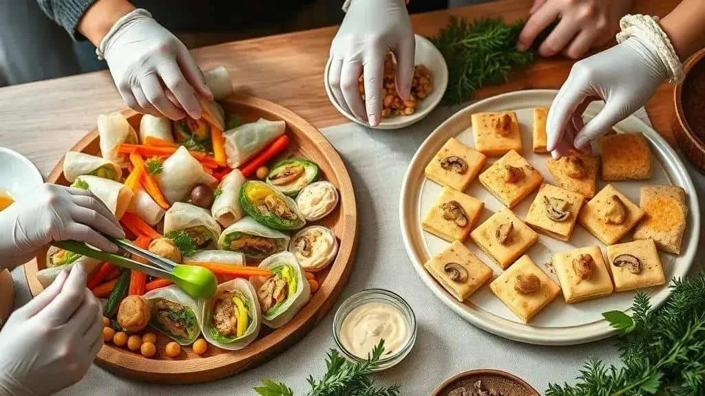 Vegetable rolls and small savoury toasts arranged on serving platters