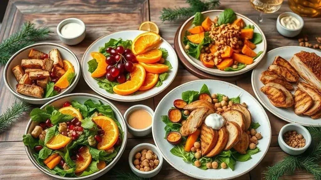Vegetable salad variations with fruit, chicken and chickpeas Vegetable salad variations with fruit, chicken and chickpeas