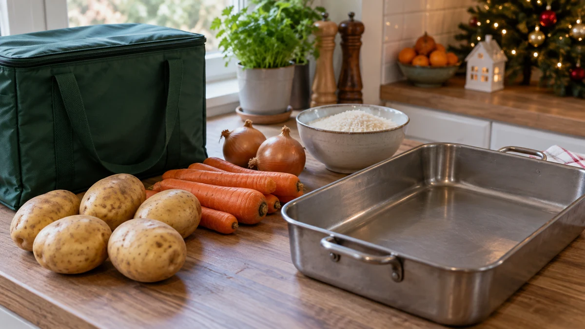 Vegetables and a roasting tin ready for Christmas meal planning Vegetables and a roasting tin ready for Christmas meal planning
