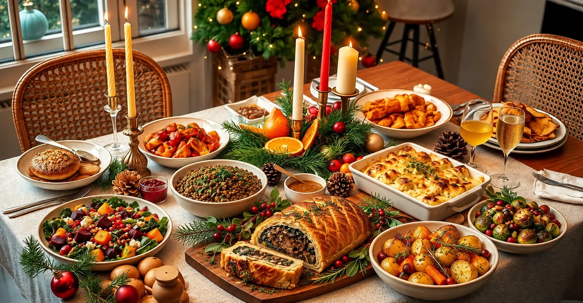 Vegetarian Christmas table with vegetable Wellington lentils and roasted vegetables