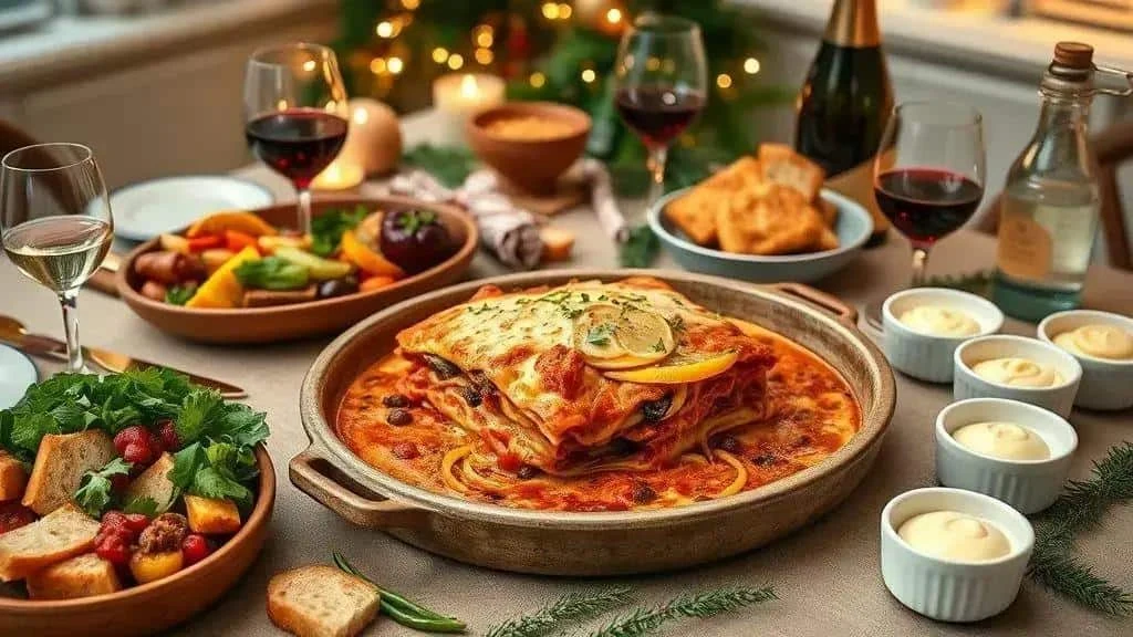 Vegetarian lasagne with festive side dishes