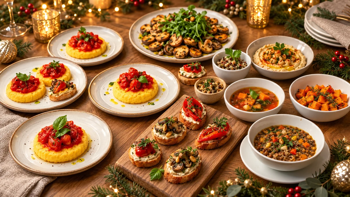 Vegetarian starters with polenta, mushrooms and roasted peppers
