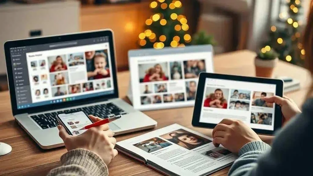 Viewing family photo collections on a laptop and tablet Viewing family photo collections on a laptop and tablet